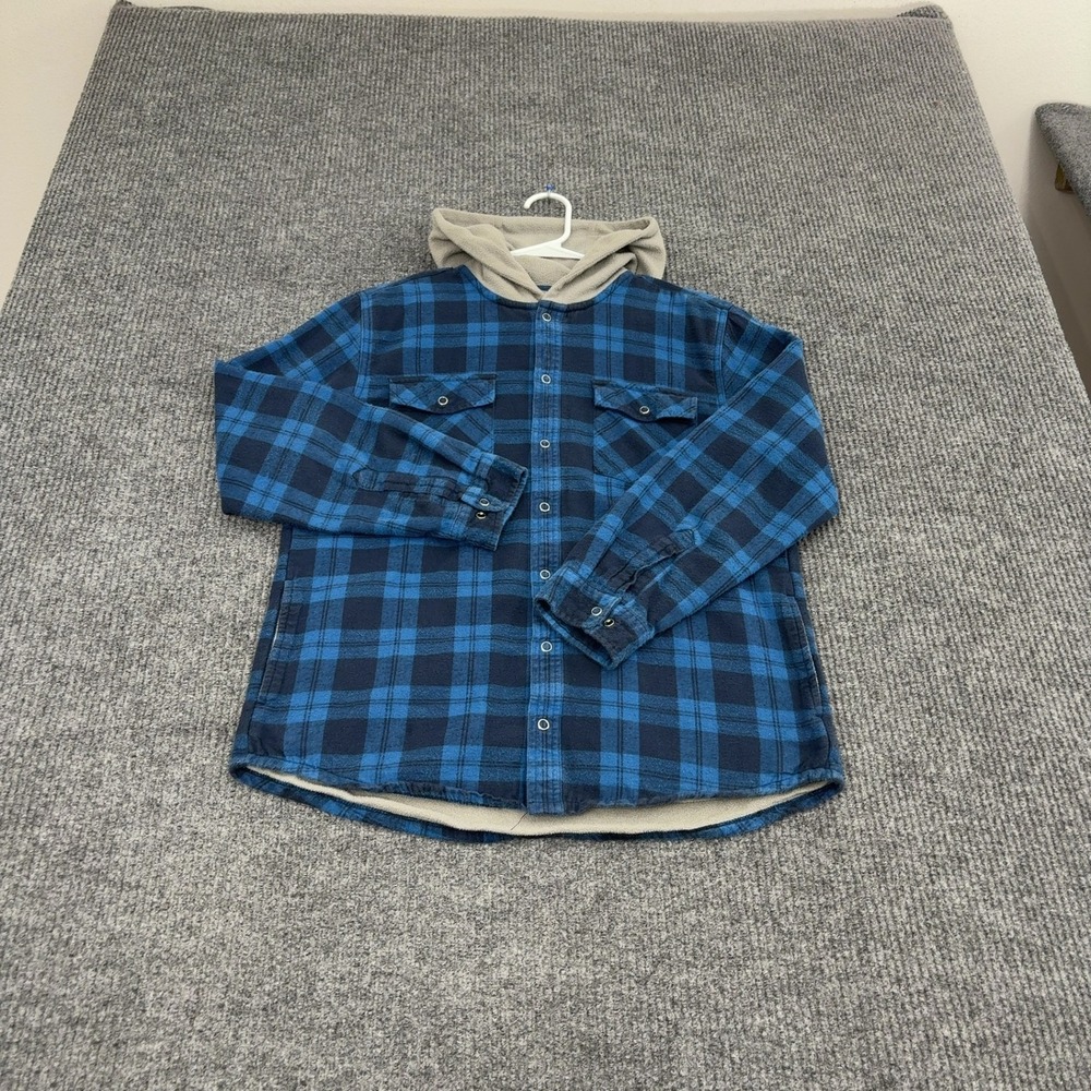 LL Bean Flannel Shirt Kids XL Blue Cotton Fleece Lined Hooded Plaid Gorpcore